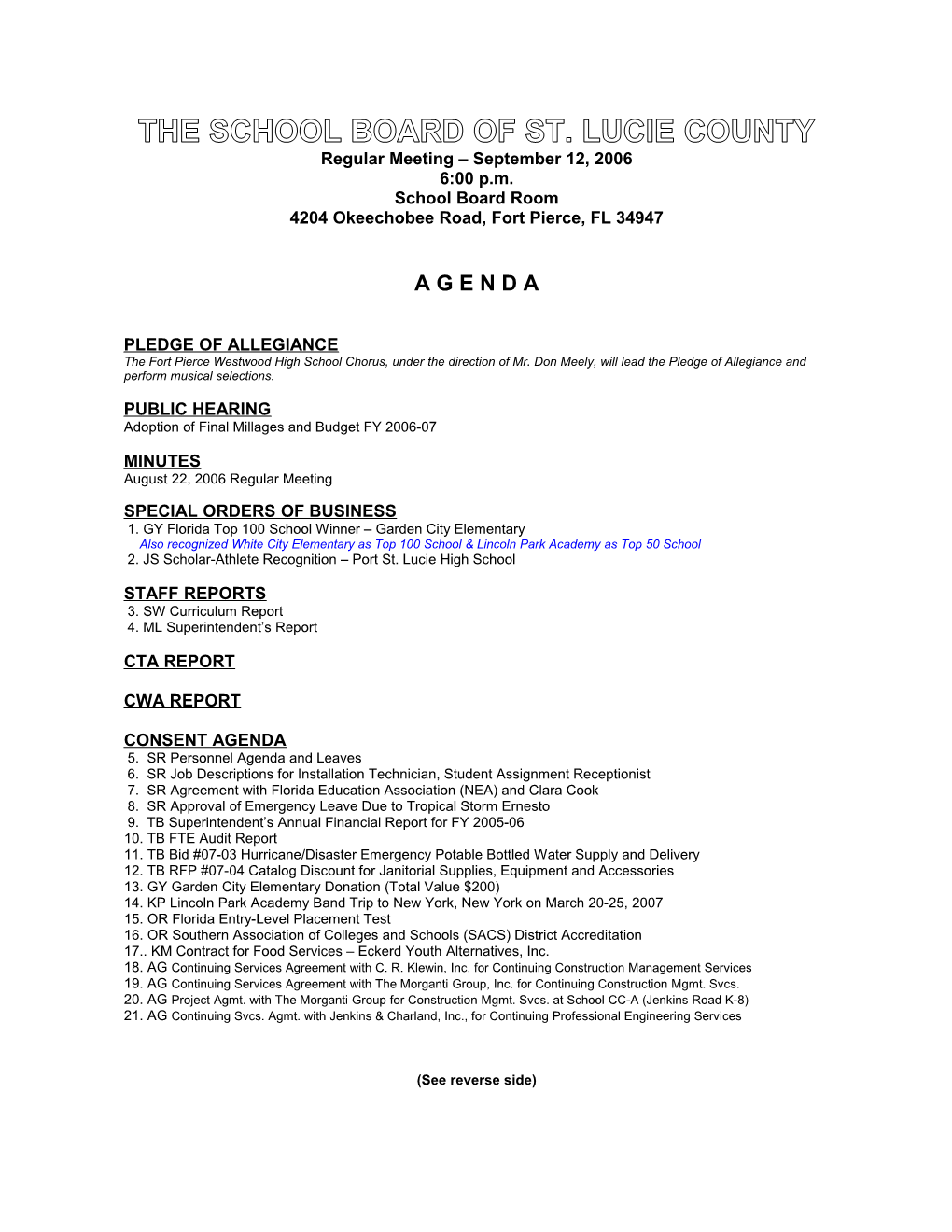 09-12-06 SLCSB Regular Meeting Agenda - Final