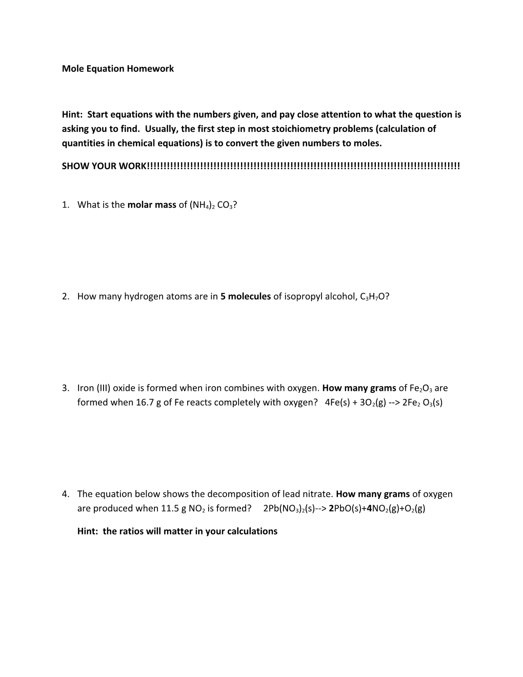 Mole Equation Homework