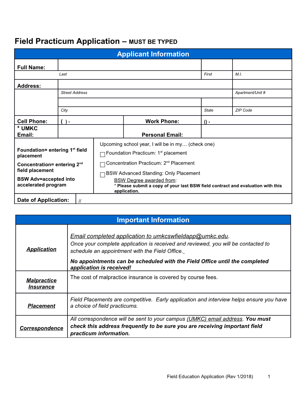 Field Practicum Application MUST BE TYPED