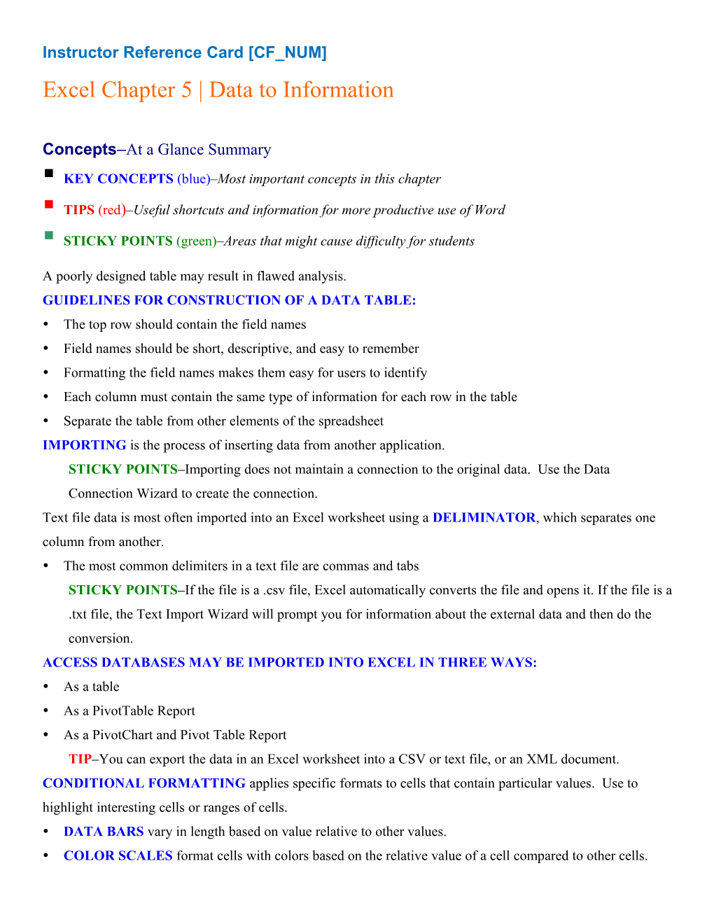 Instructor Reference Card CF NUM