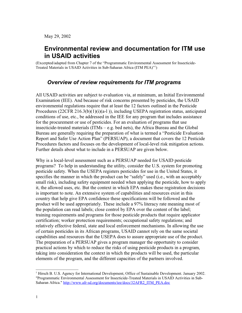 Environmental Review and Documentation for ITM Use in USAID Activities