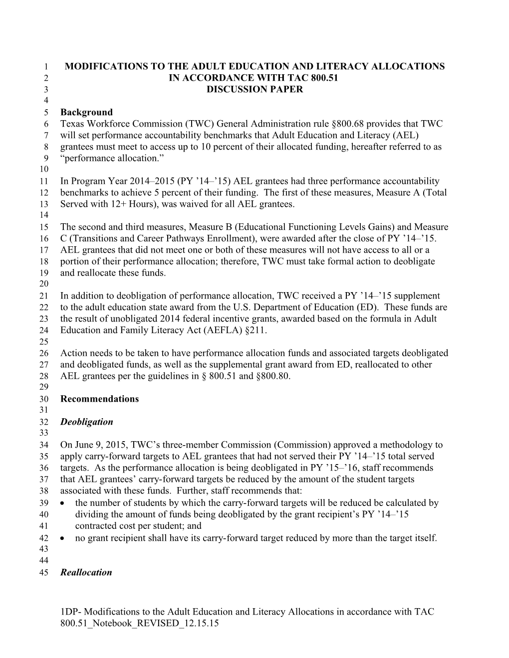 Commission Meeting Materials December 15, 2015 9:00 A.M. - Modifications to the Adult Education