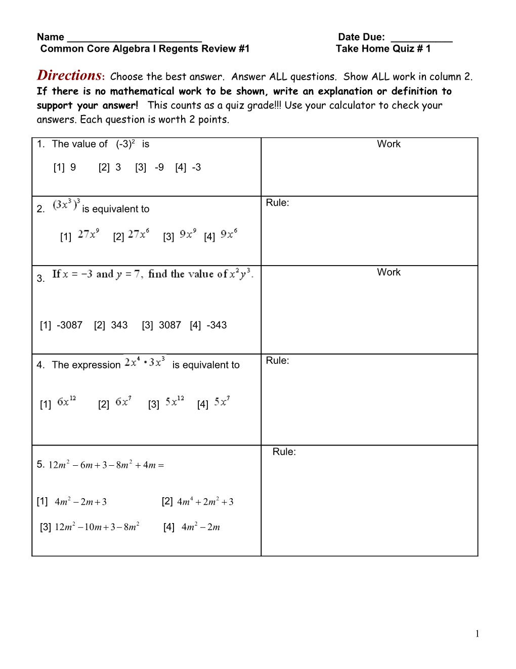 Common Core Algebra I Regents Review #1 Take Home Quiz # 1