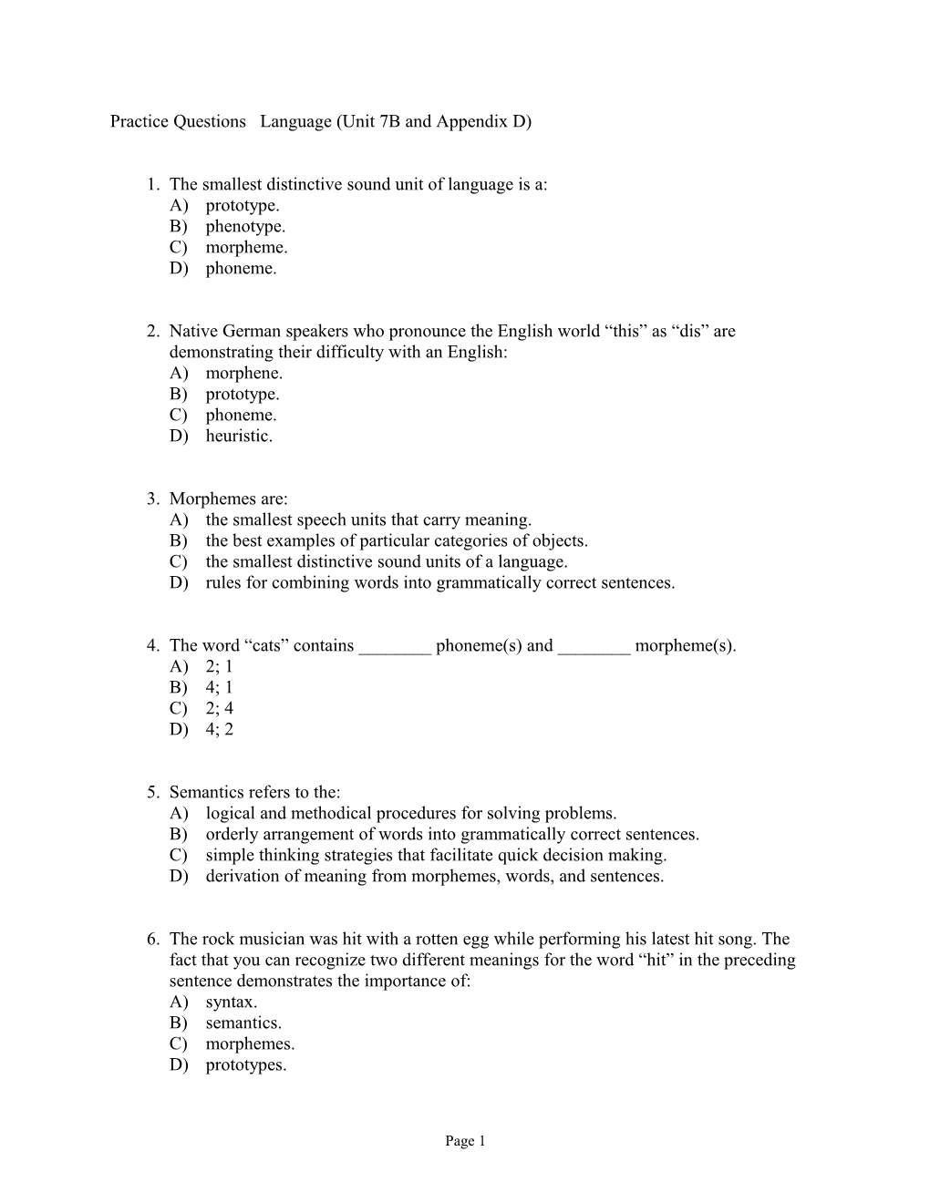 Practice Questions Language (Unit 7B And Appendix D)