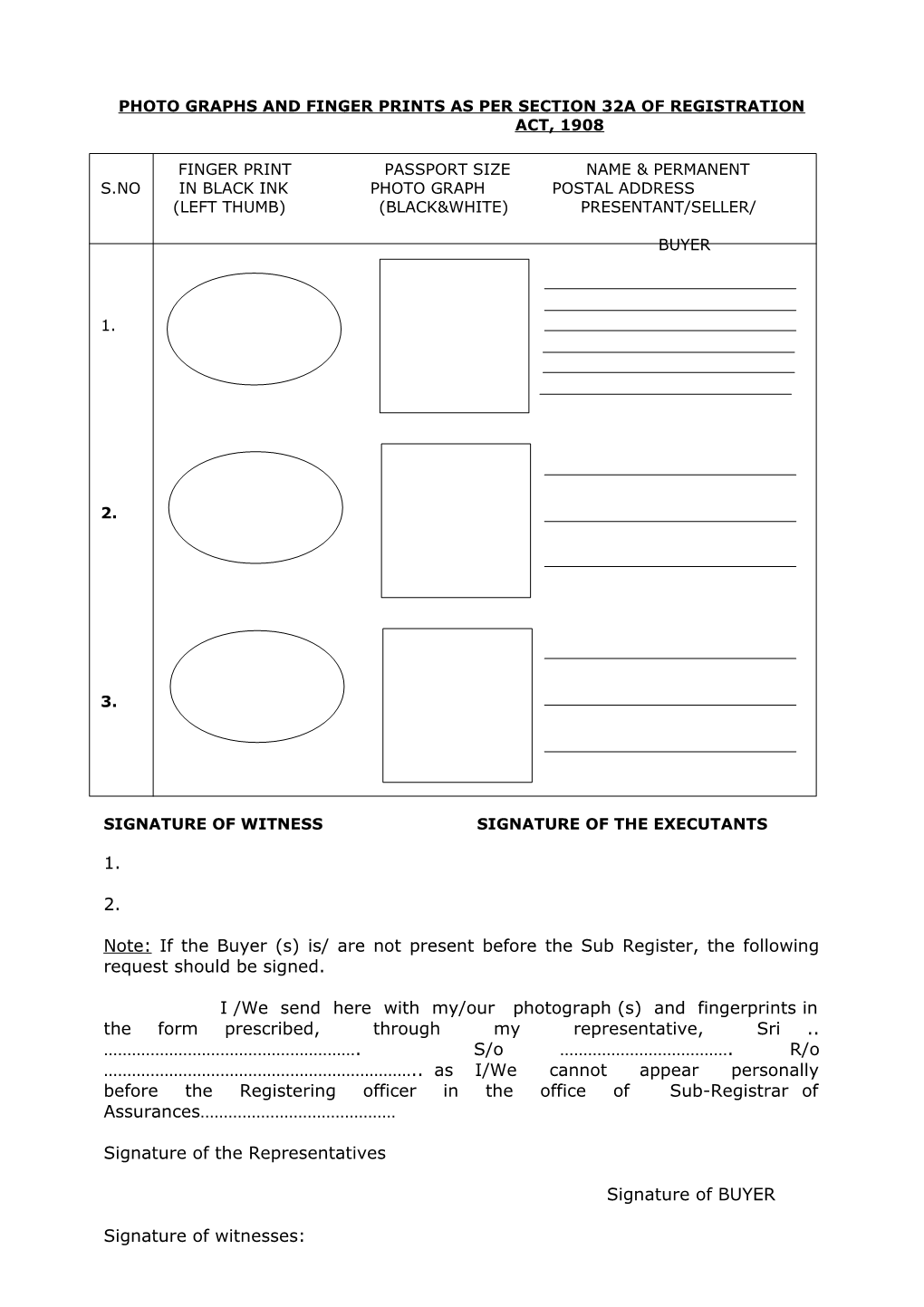 Photo Graphs and Finger Prints As Per Section 32A of Registration Act, 1908