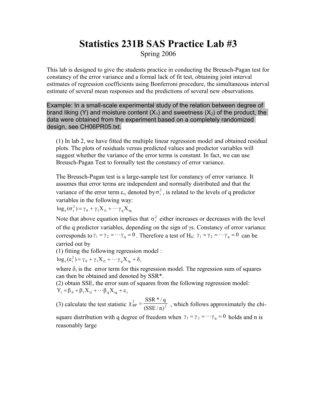 Statistics 231B SAS Practice Lab #1