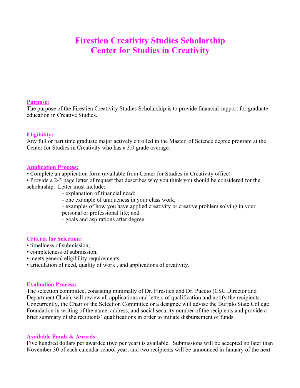 Firestien Creativity Studies Scholarship