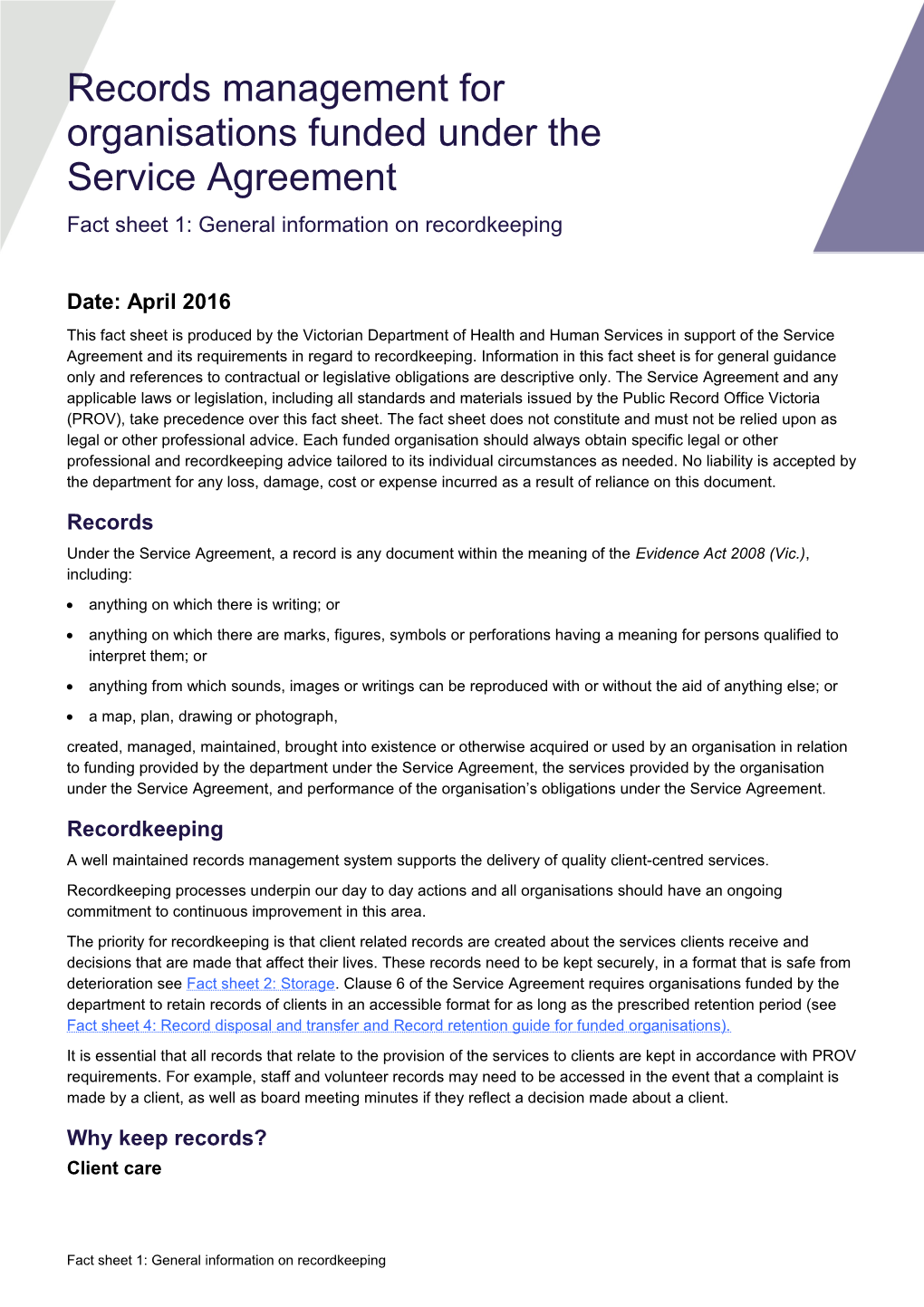 Fact Sheet 1 - General Information on Recordkeeping