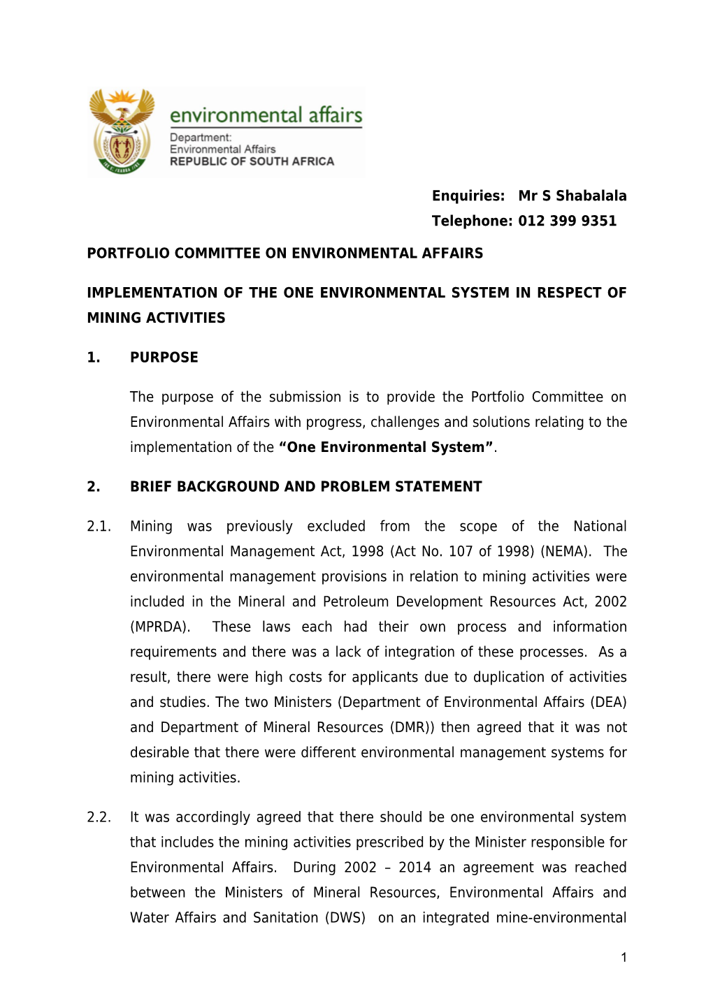 Portfolio Committee on Environmental Affairs s1