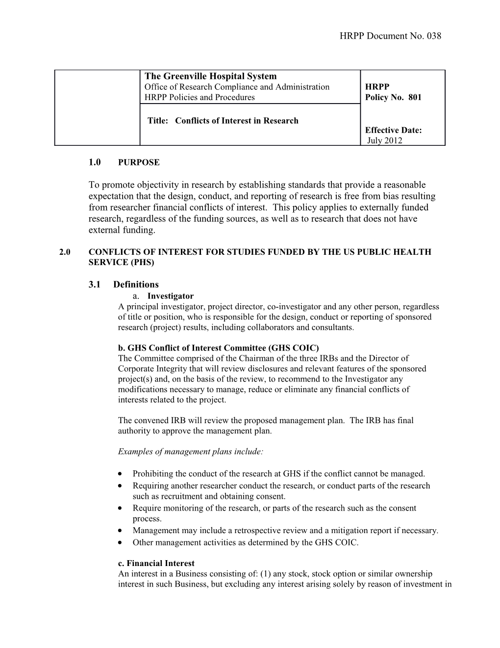 2.0 Conflicts of Interest for Studies Funded by the Us Public Health Service (Phs)