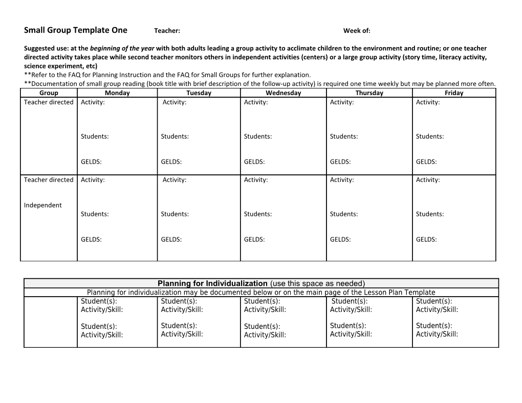 Small Group Template One Teacher: Week Of