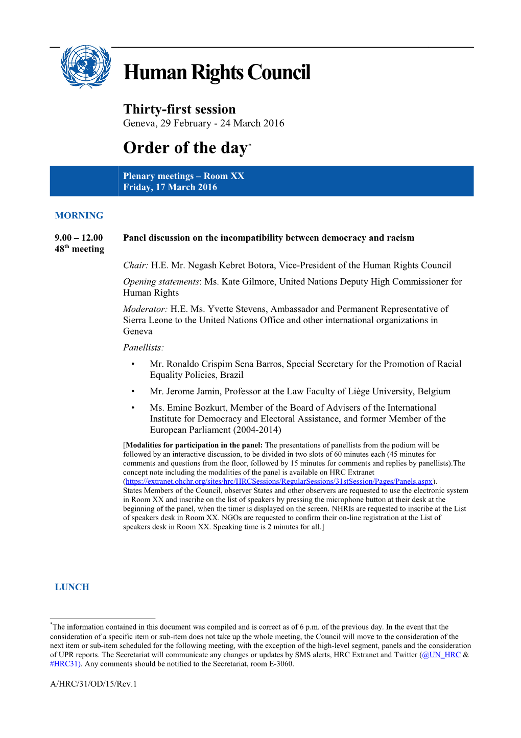 Order of the Day, Friday, 18 March 2016