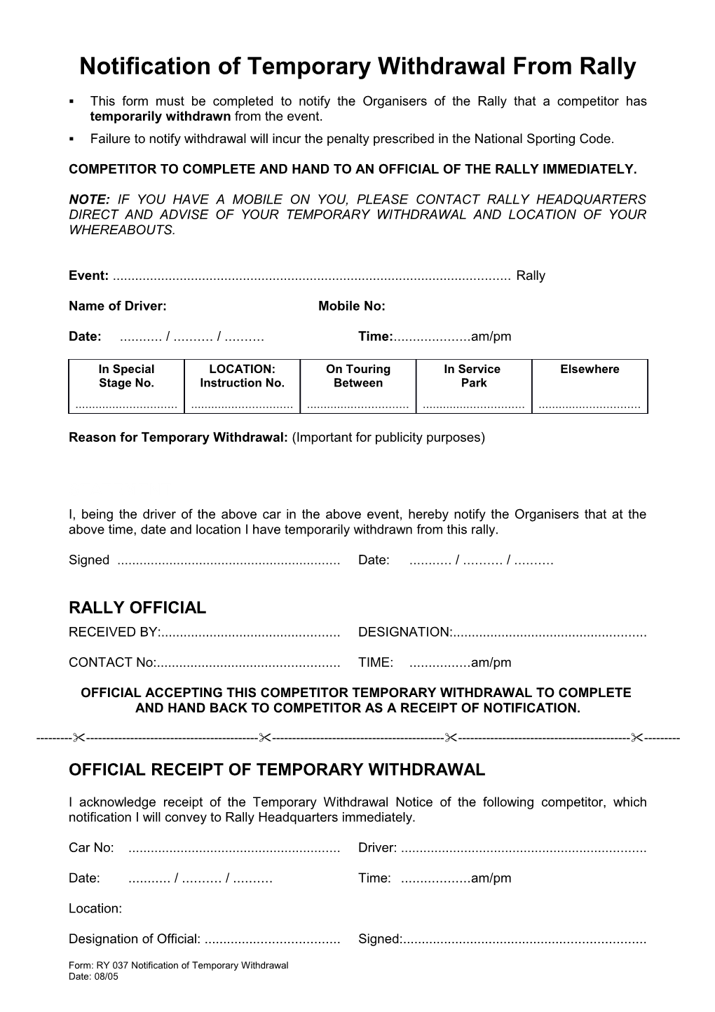 Notification of Withdrawal from Rally