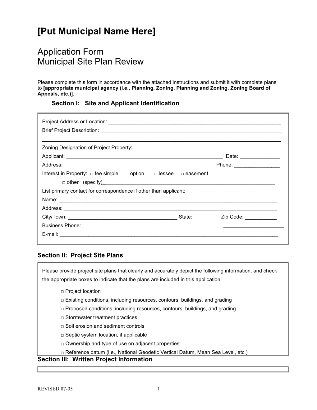 Model Site Plan Application Form - Word Version