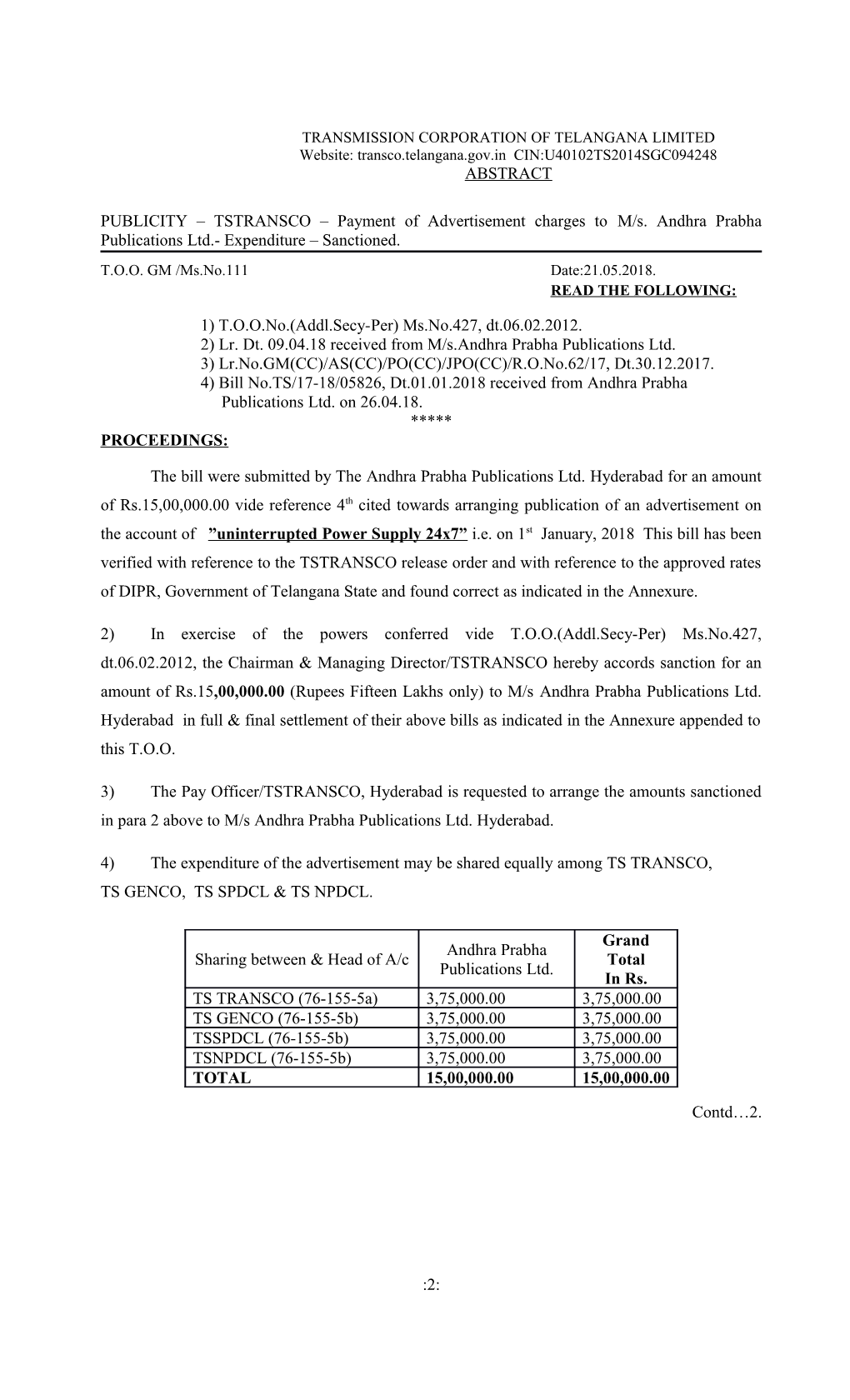 PUBLICITY TSTRANSCO Payment of Advertisement Charges Tom/S. Andhra Prabha Publications
