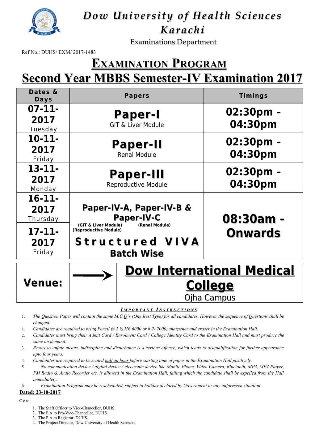 Examination Programme of First Professional MBBS Part a Annual Examination 2005