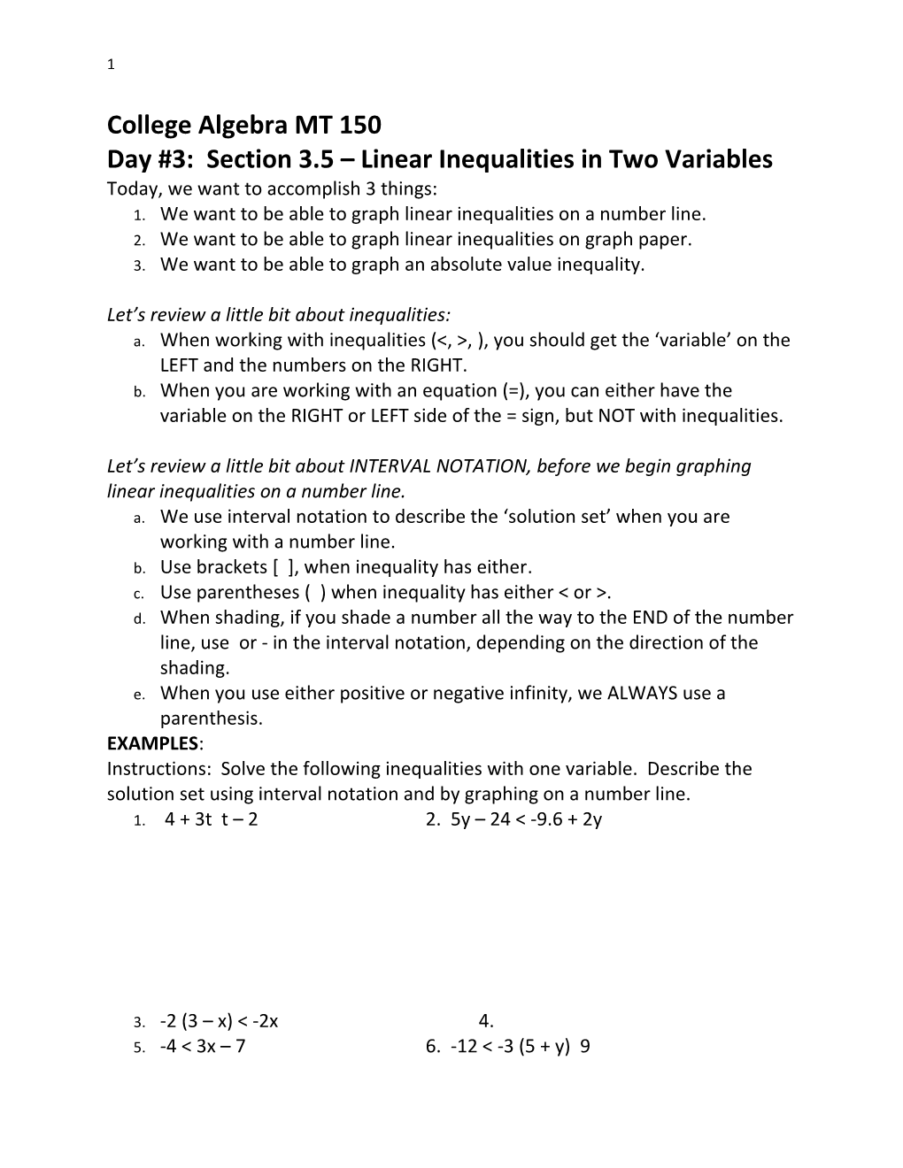 Day #3: Section 3.5 Linear Inequalities in Two Variables