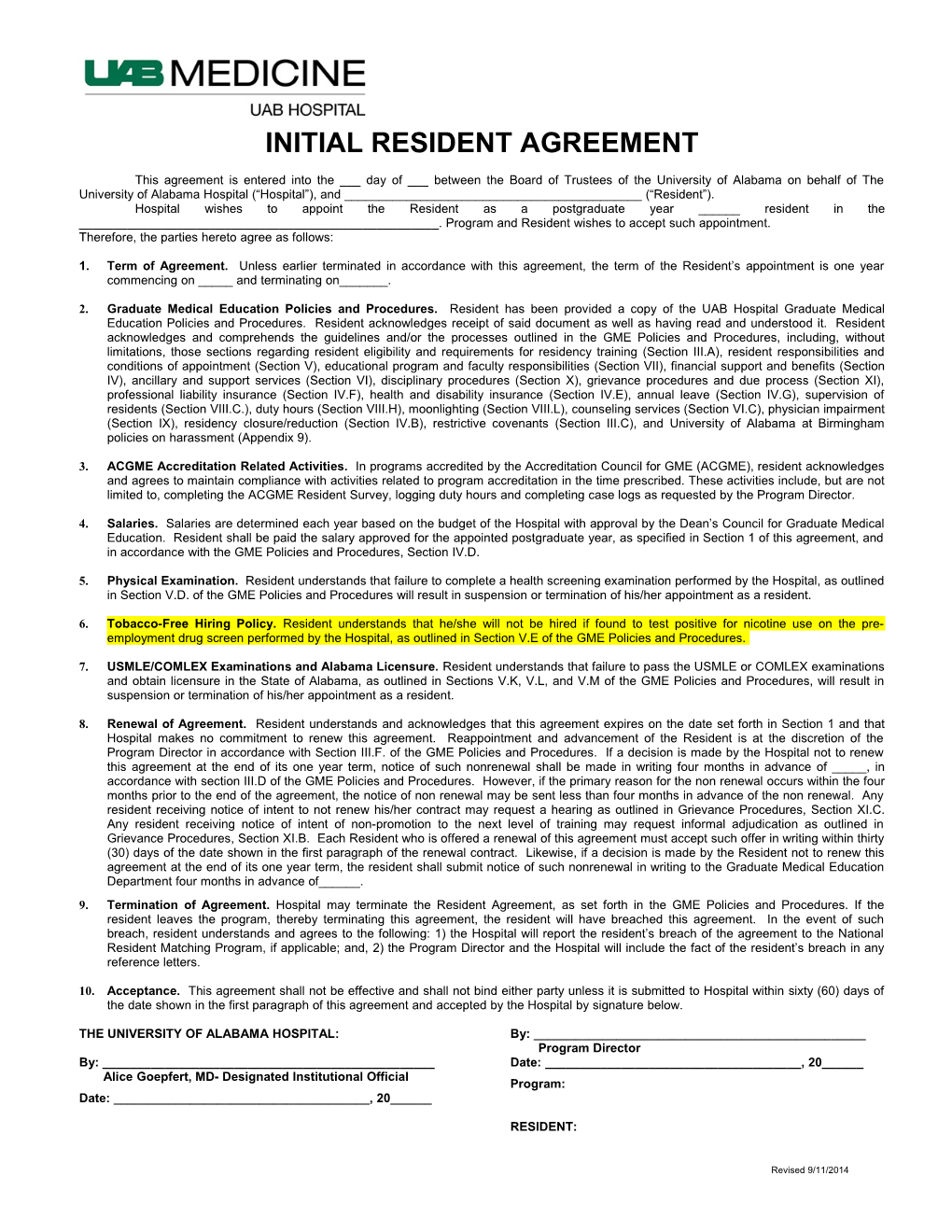 Initial Resident Agreement
