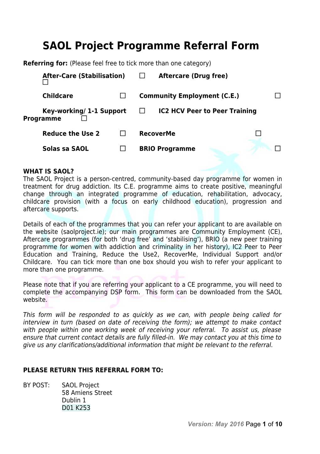 SAOL Project Programme Referral Form