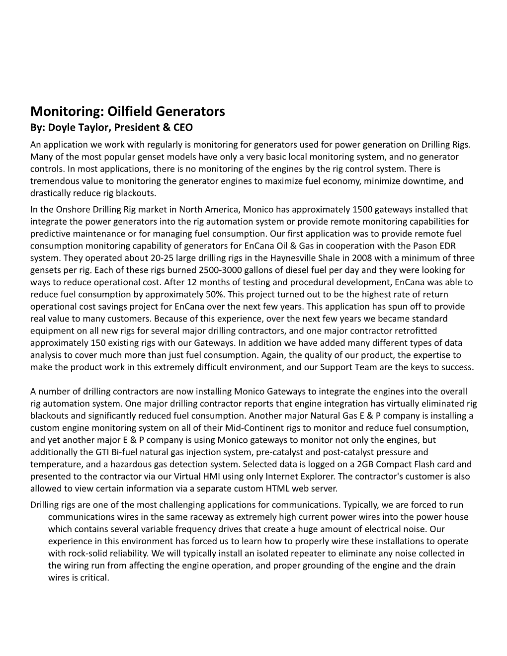 Monitoring: Oilfield Generators