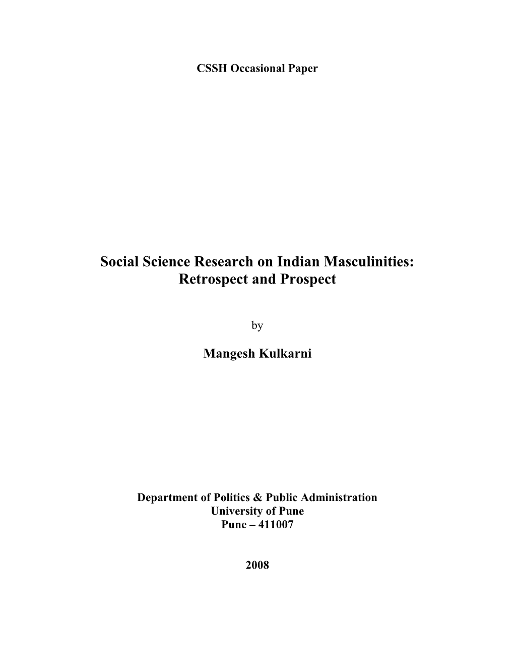 Social Science Research on Indian Masculinities