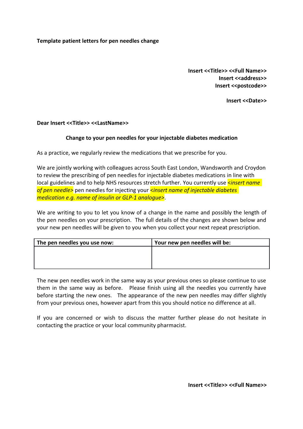 Template Patient Letters for Pen Needles Change