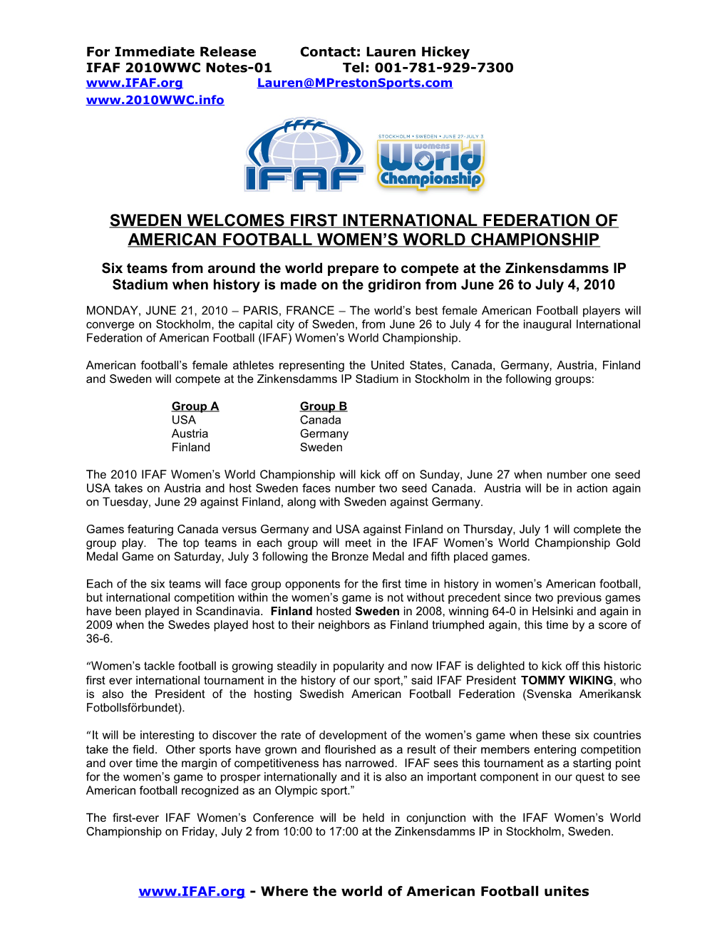 Sweden Welcomes First International Federation of American Football Women S World Championship