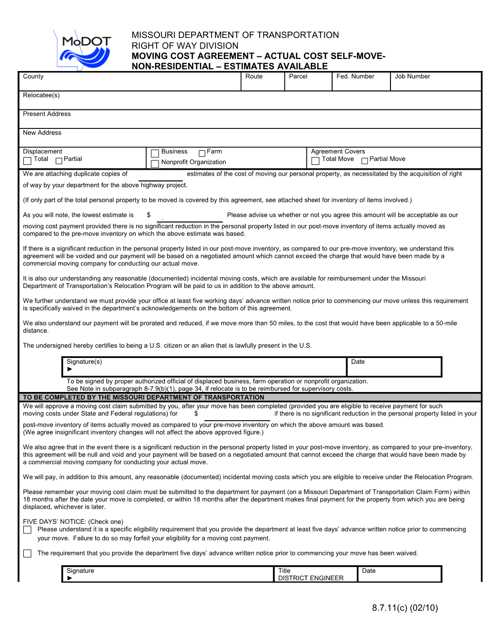 Moving Cost Agreement Actual Cost Self Move Form 236.8.7.11.C