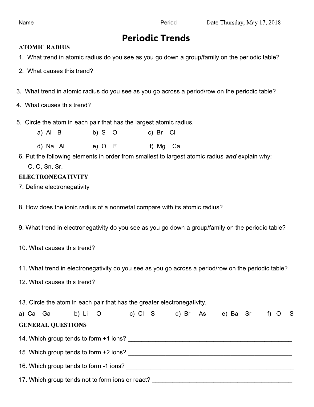 Periodic Trends Worksheet s2