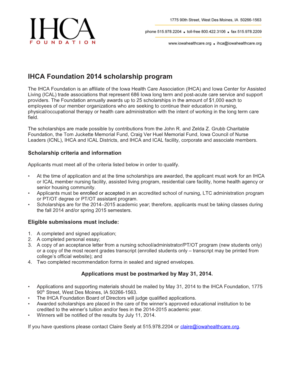 IHCA Foundation 2010 Scholarship Program