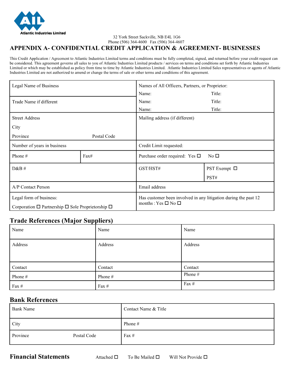 Appendix A- Confidential Credit Application & Agreement- Businesses