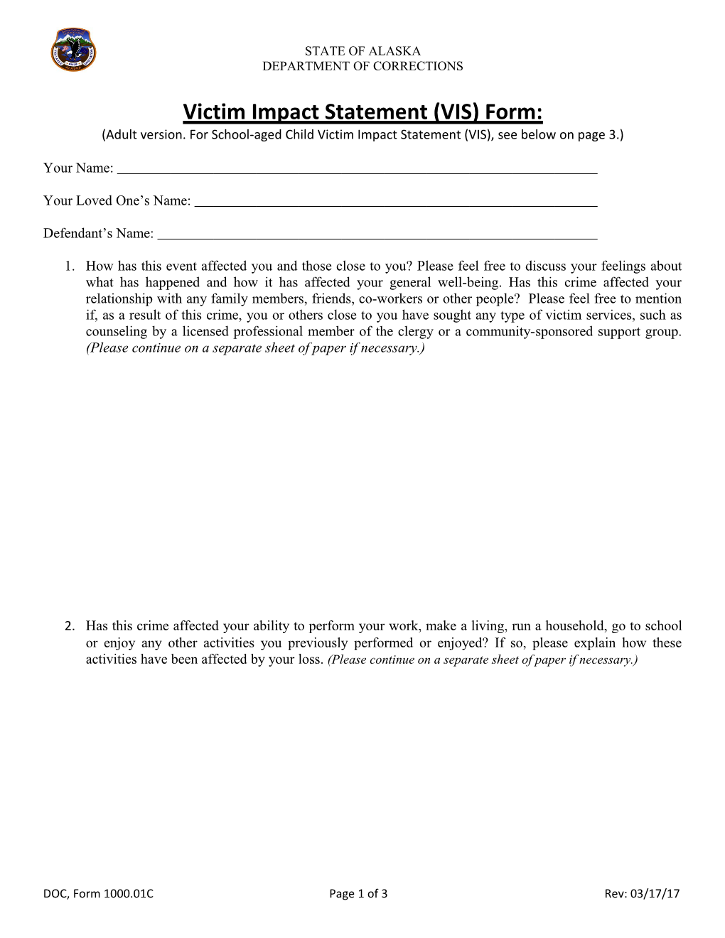 Victim Impact Statement (VIS) Form