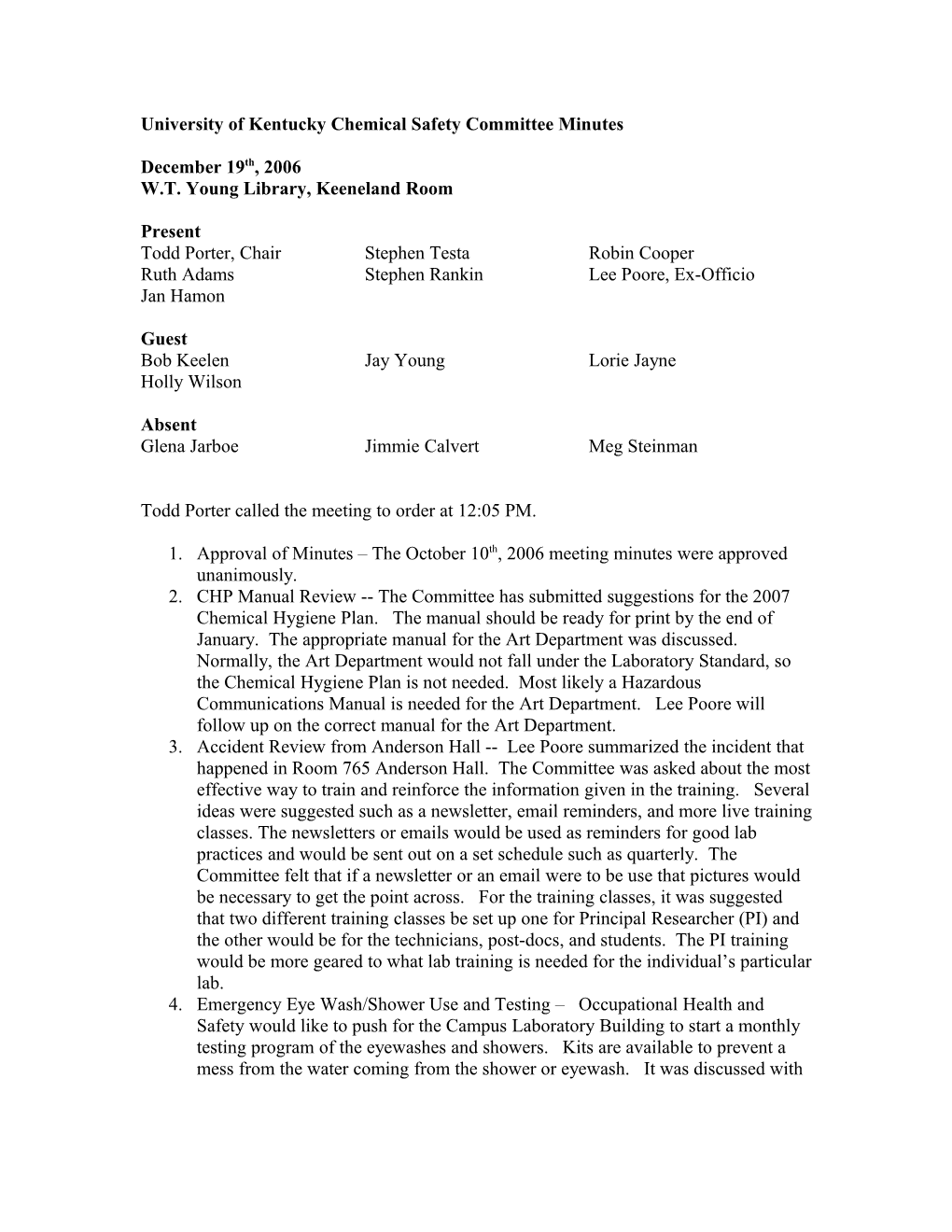 University of Kentucky Chemical Safety Committee Minutes