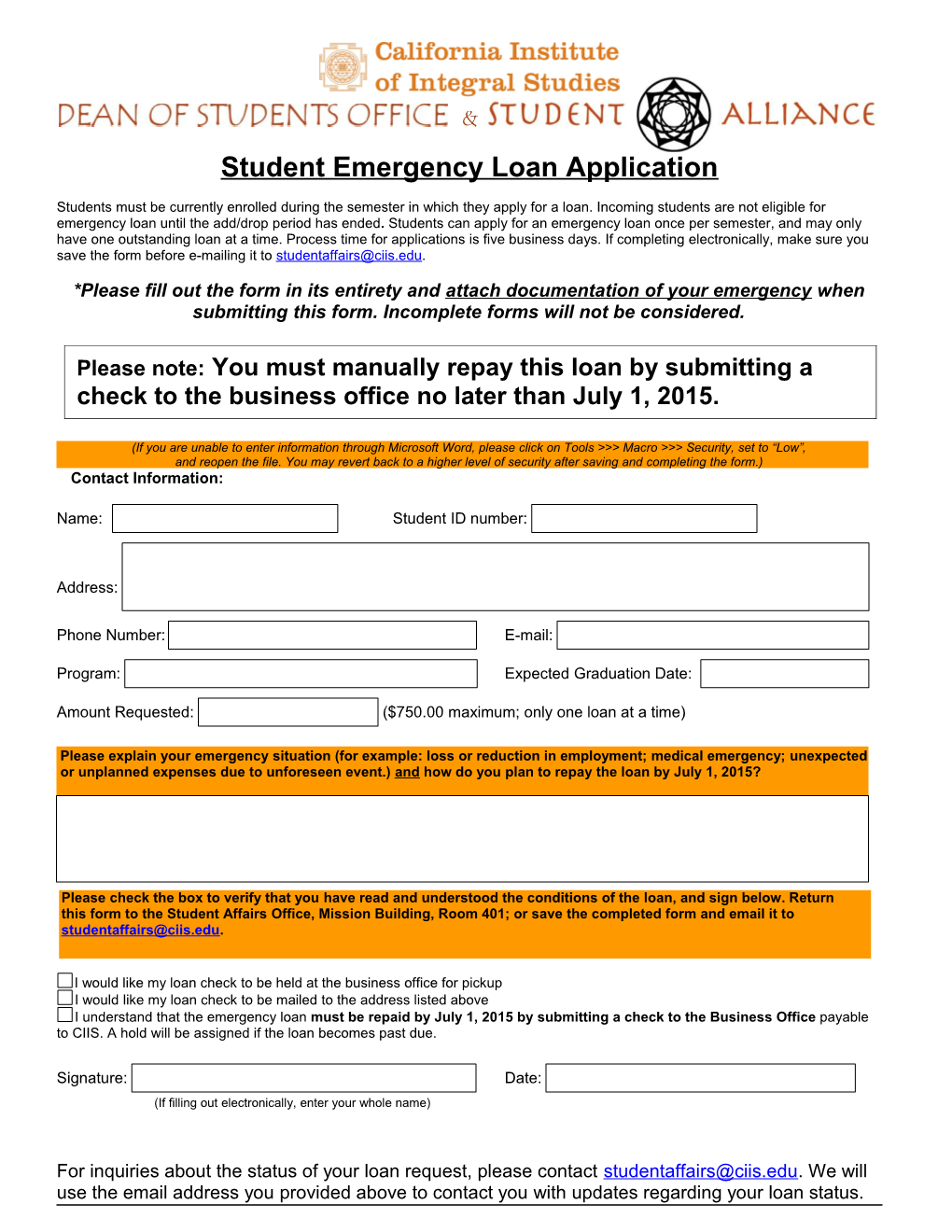 Student Emergency Loan Application