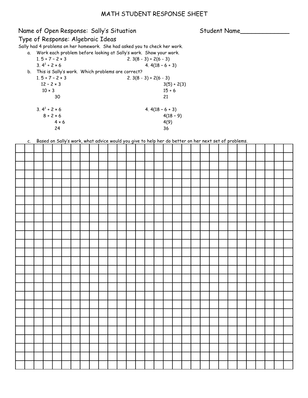 Math Student Response Sheet