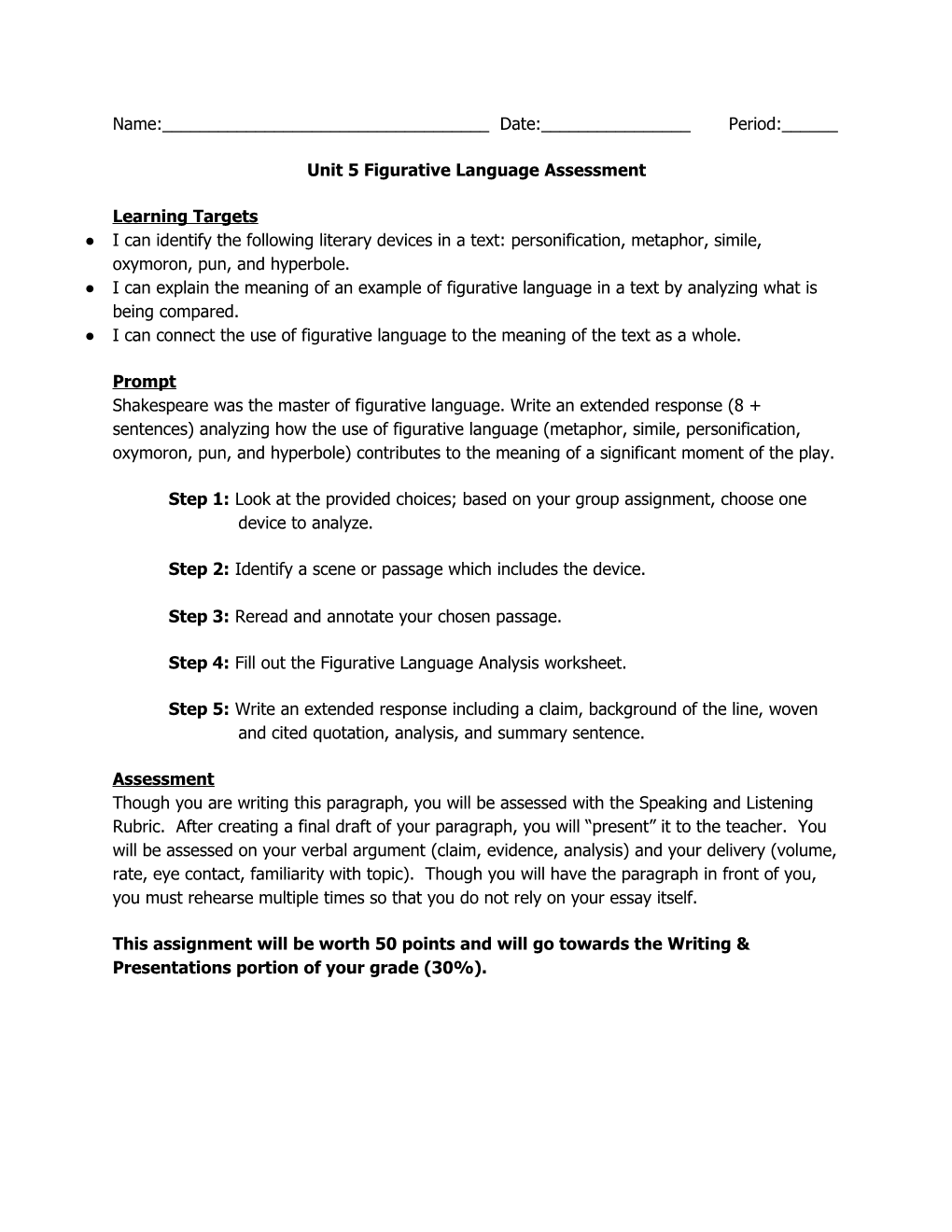 Unit 5 Figurative Language Assessment