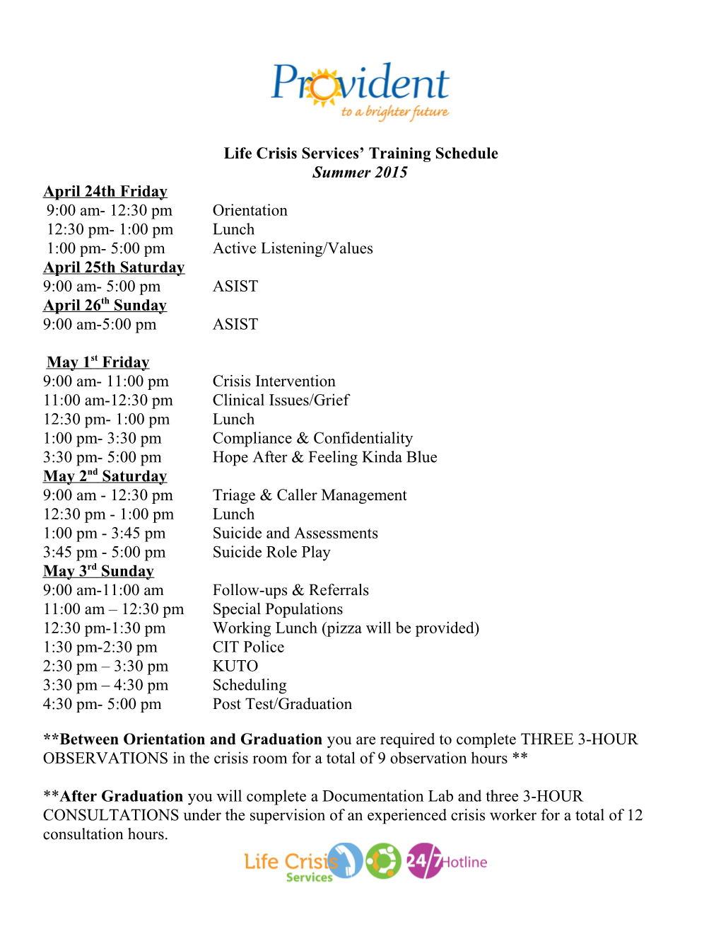 Life Crisis Services Training Schedule