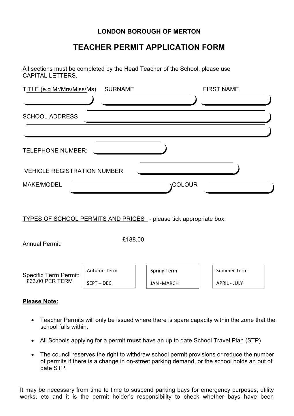 Teacher Permit Application Form