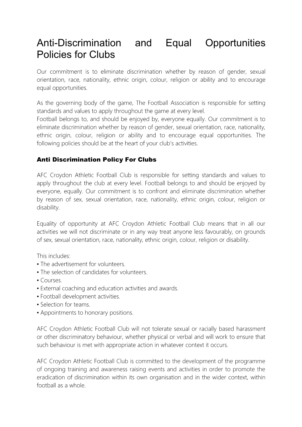 Anti- Discrimination and Equal Opportunities Policies for Clubs