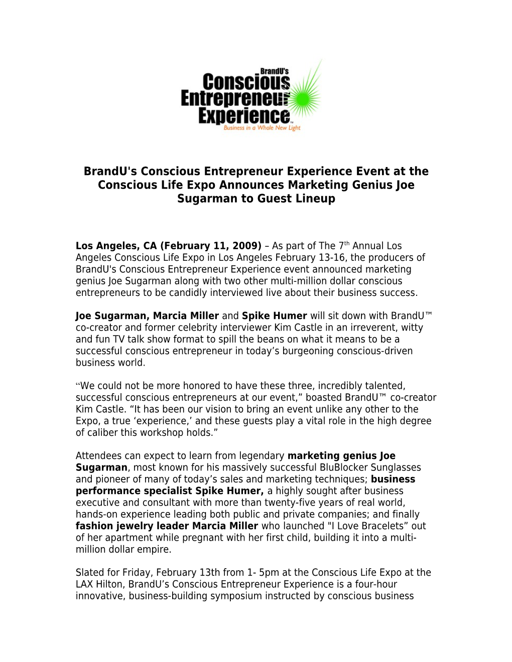 Brandu's Conscious Entrepreneur Experience Event at the Conscious Life Expo Announces