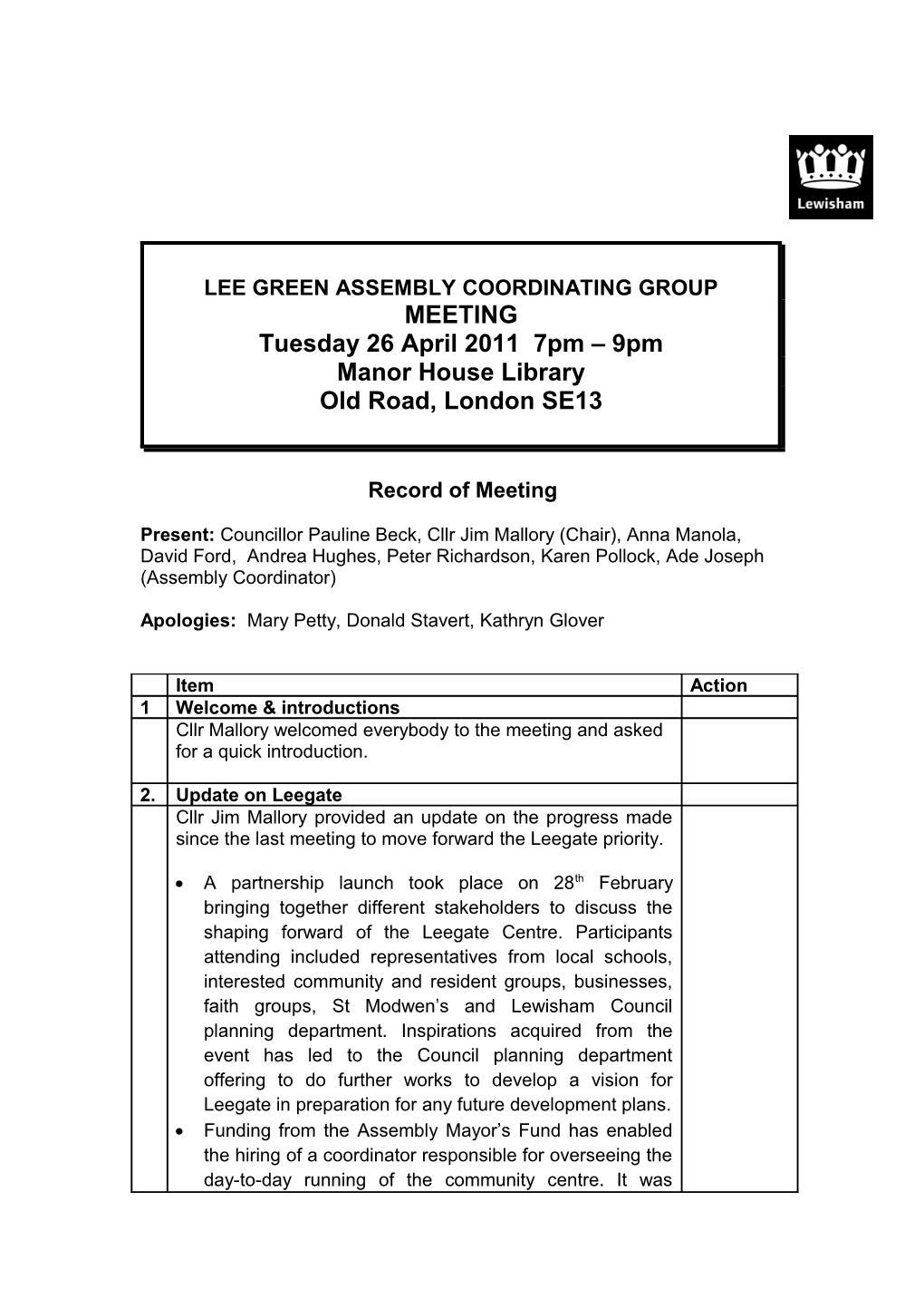 Lee Green Coordinating Group Minutes 26 April 2011