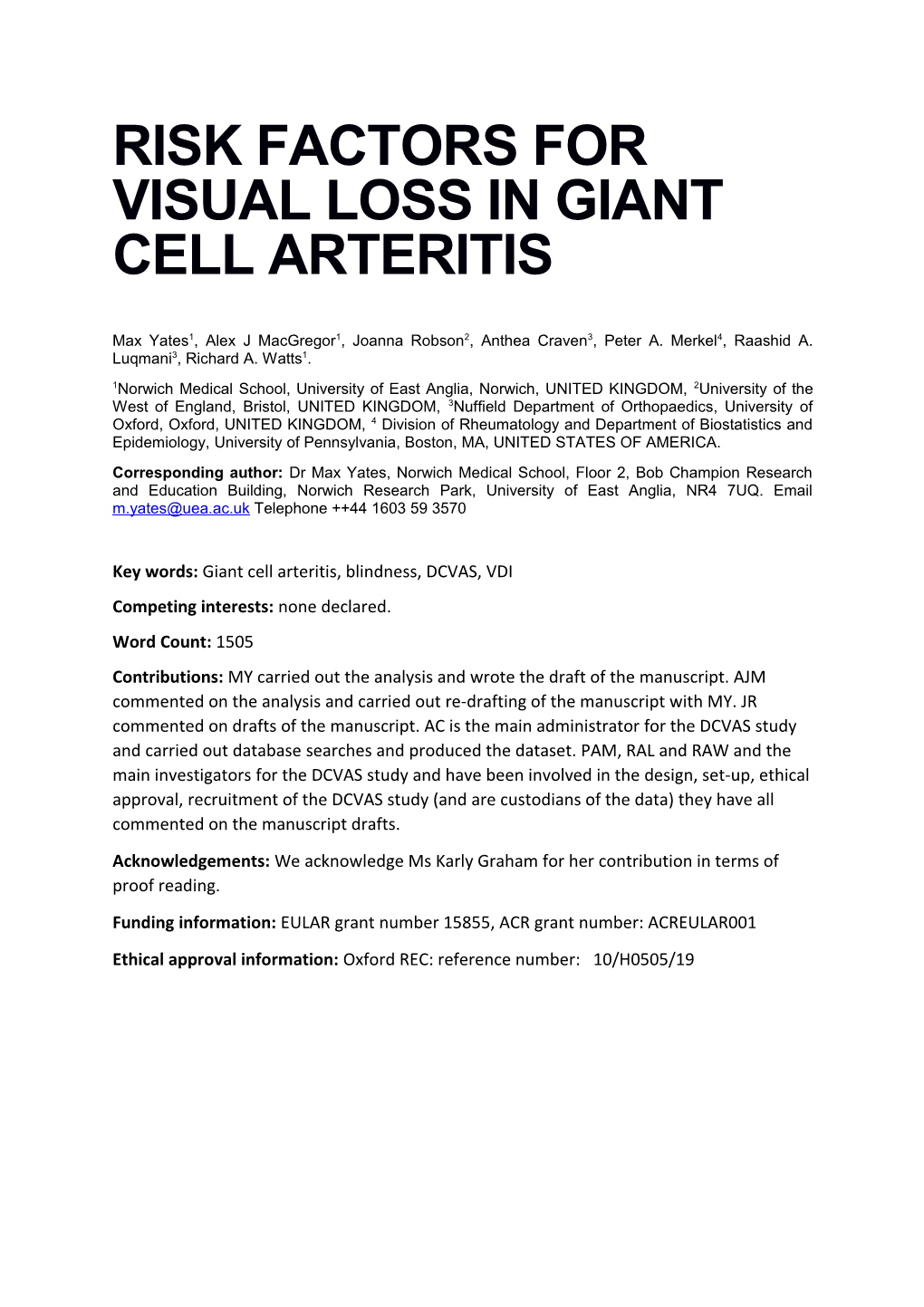 RISK Factors for VISUAL LOSS in Giant Cell ARTERITIS