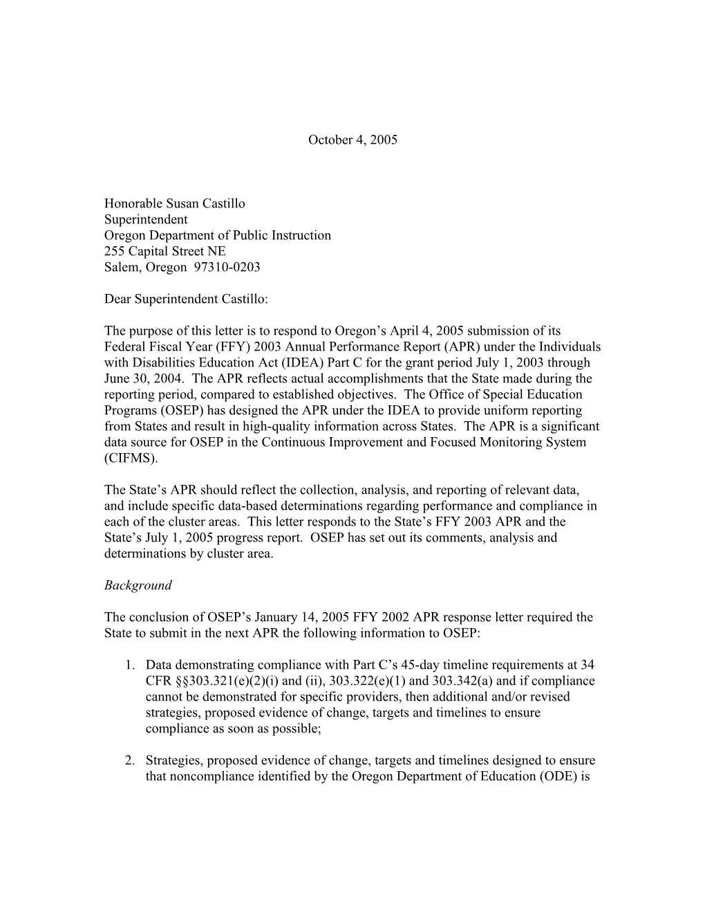 Oregon Part C APR Letter for Grant Year 2003-2004 (Msword)