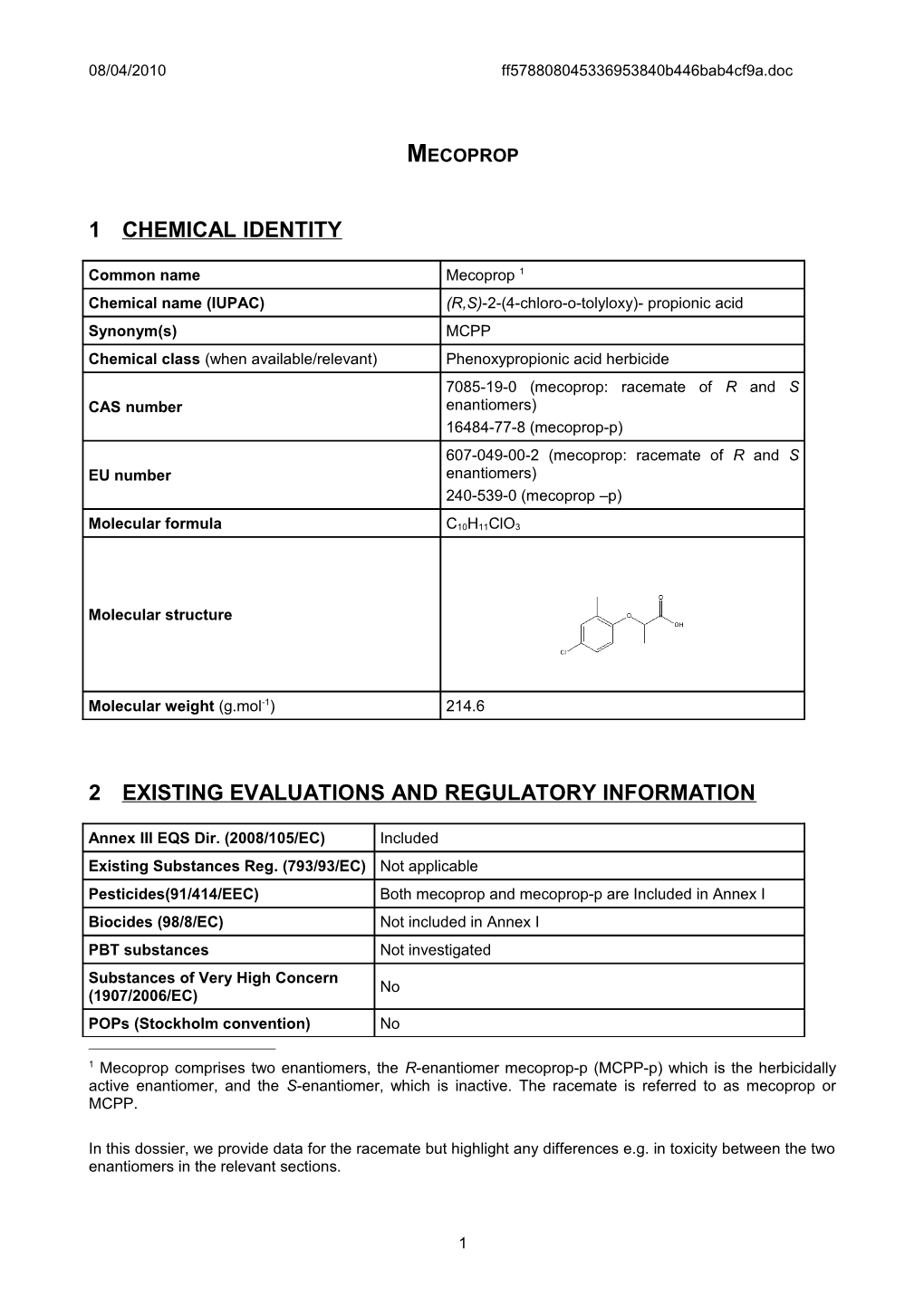 2Existing Evaluations and Regulatory Information