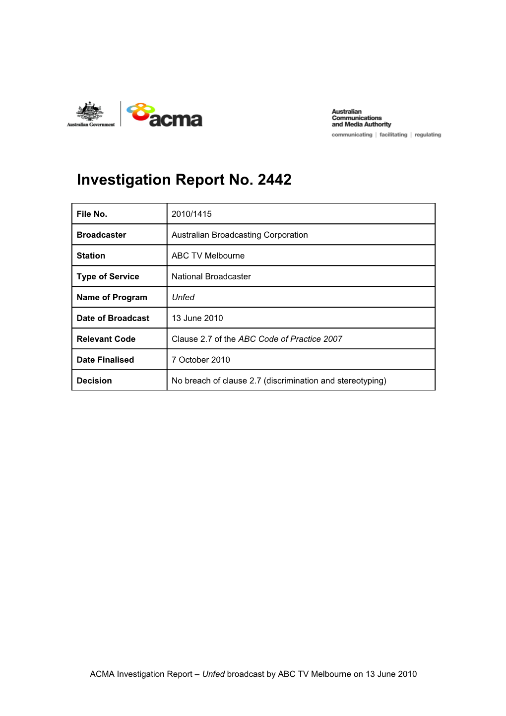 ABC TV Melb - ACMA Investigation Report 2442