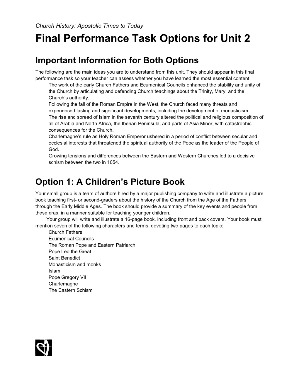 Final Performance Task Options for Unit 2