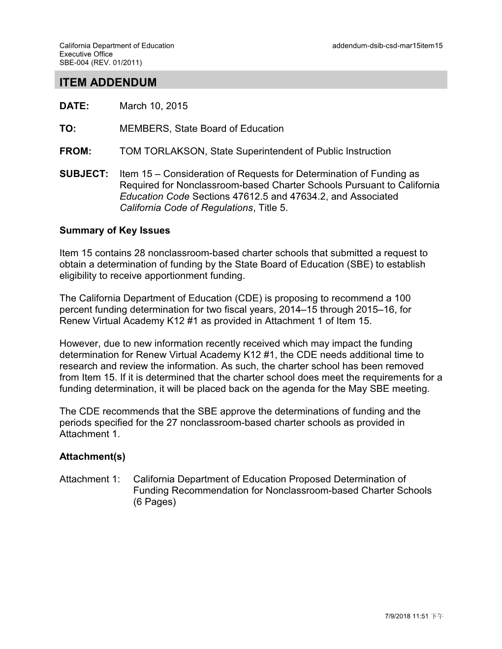 March 2015 Agenda Item 15 Addendum - Meeting Agendas (CA State Board of Education)