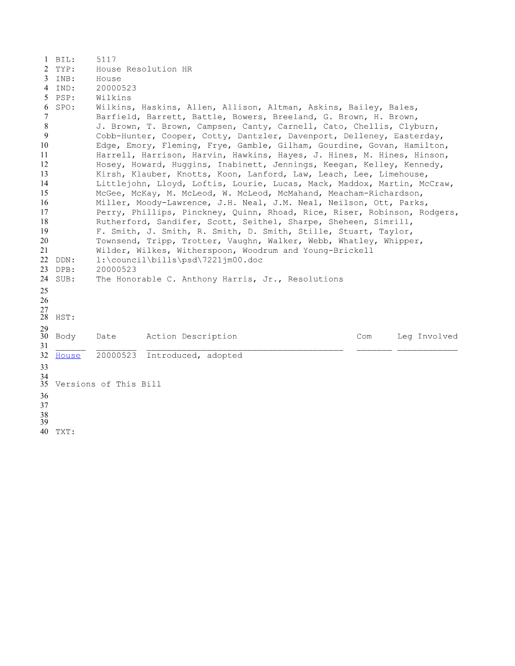 1999-2000 Bill 5117: the Honorable C. Anthony Harris, Jr., Resolutions - South Carolina