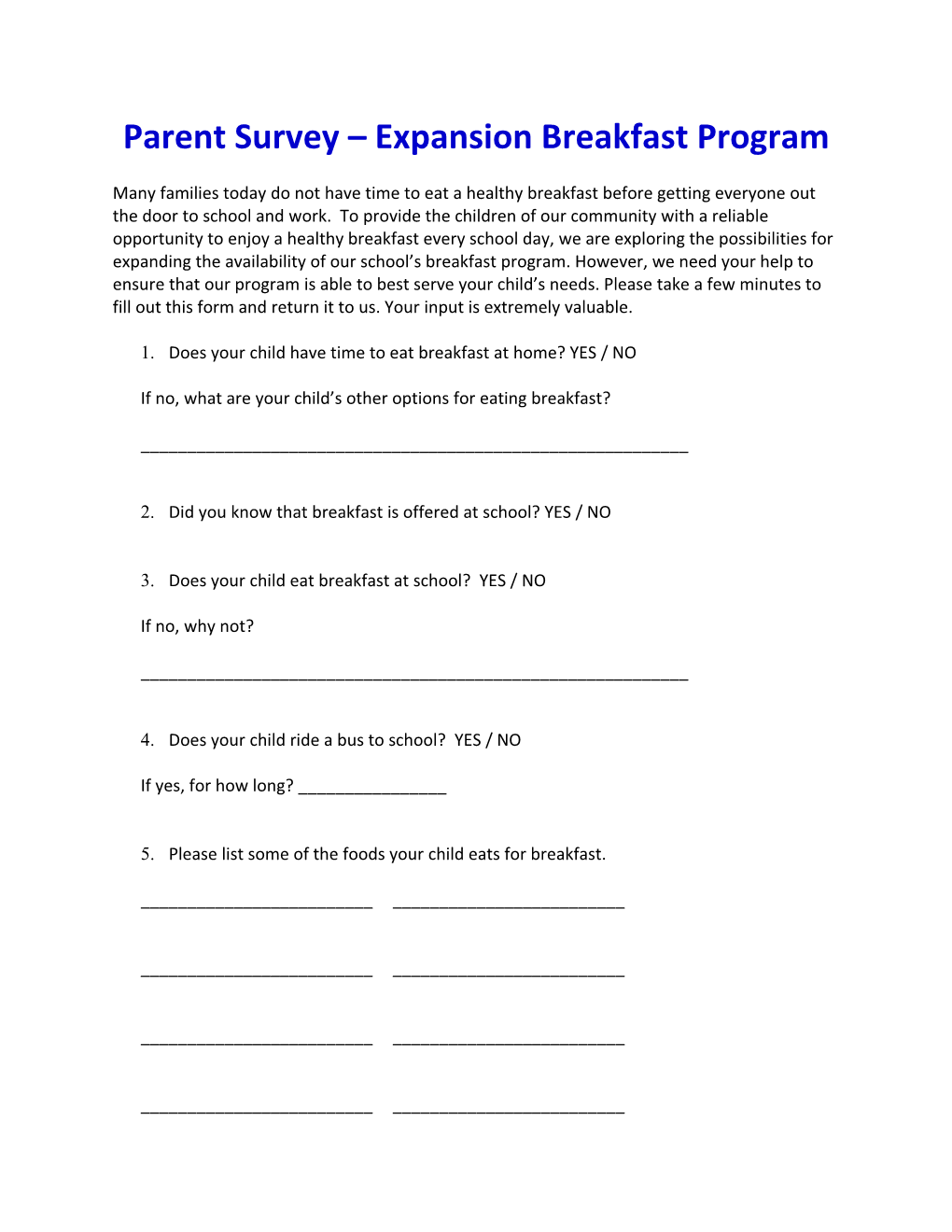 Parent Survey Expansion Breakfast Program