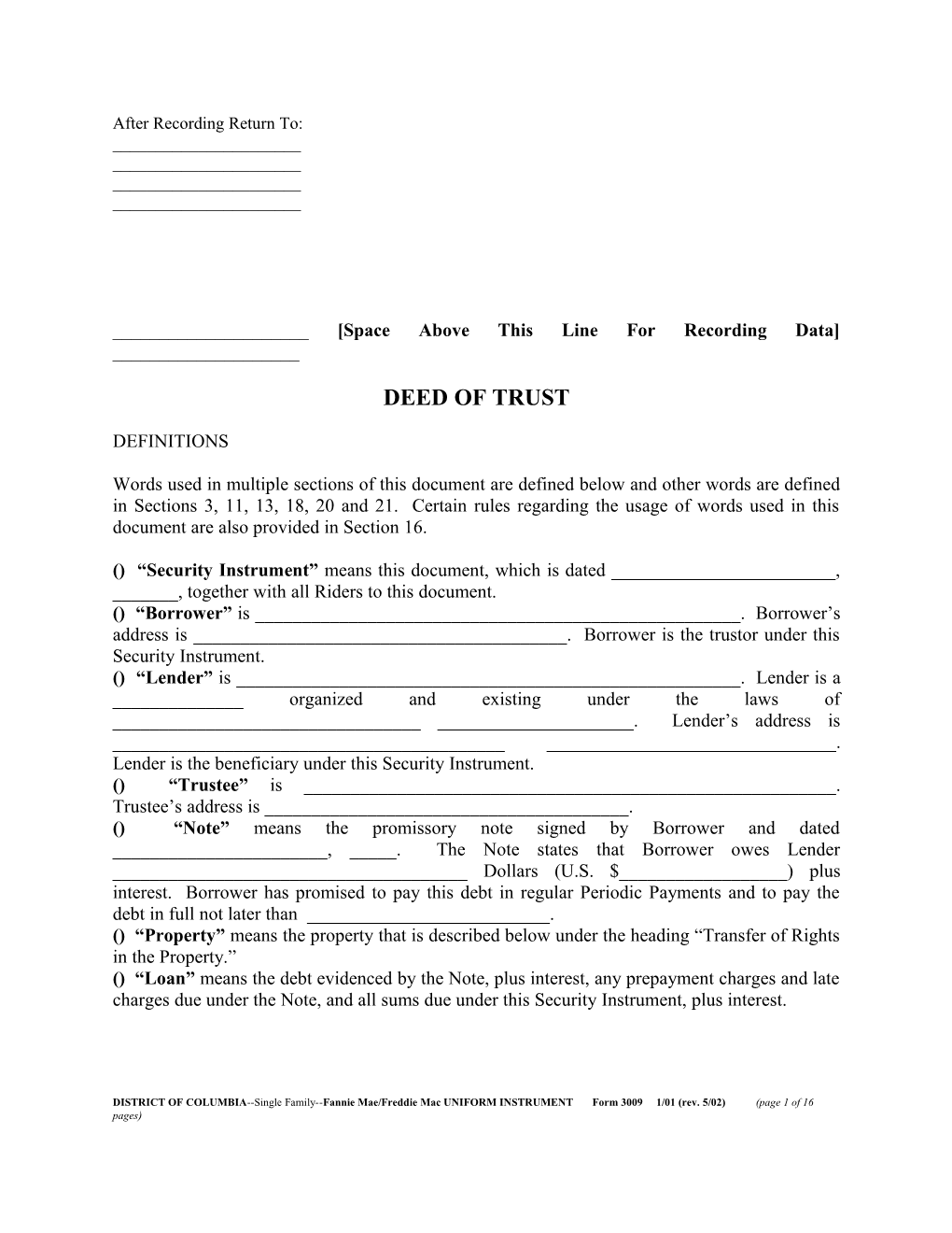 District of Columbia Security Instrument (Form 3009): Word